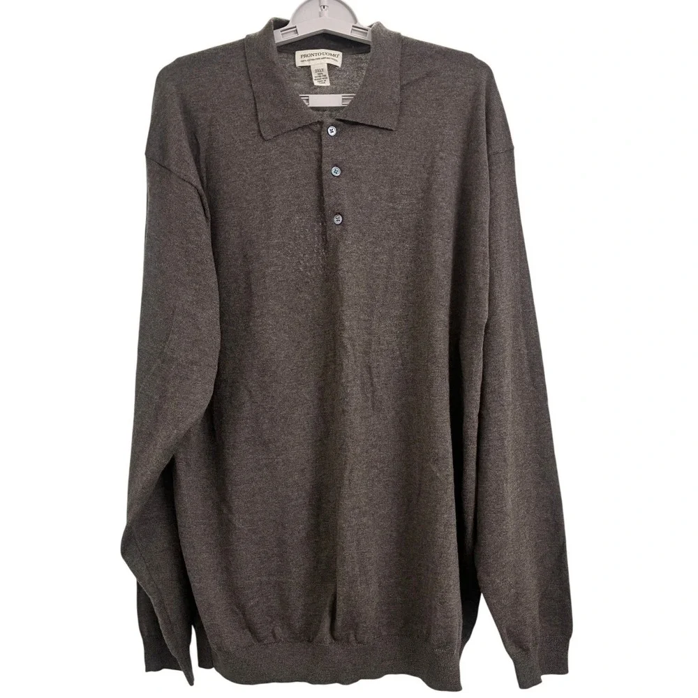 Pronto Uomo Polo Sweater 2XLT Brown 100% Extra Fine Merino Wool Long Sleeve